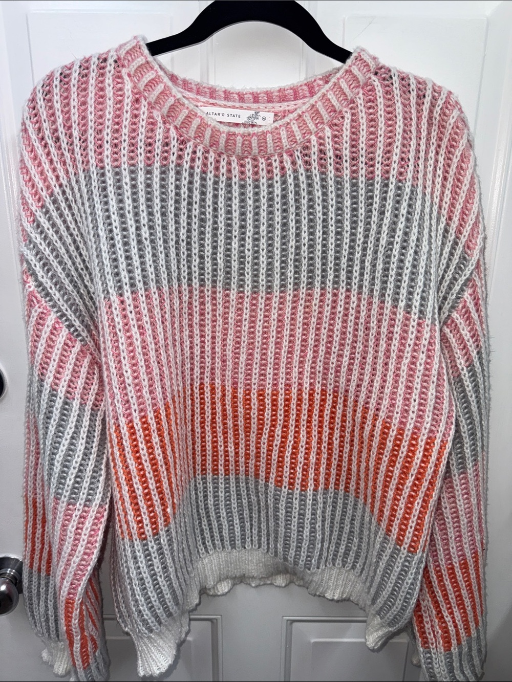 Altar'd State Pink, Gray & Orange Striped Crewneck Sweater